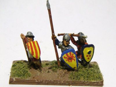 Catalan Almughavars 
Alain Touller Spearmen and Almughavars painted as armoured Catalans, some with FCB shields for added Catalan authenticity. Some Essex as well - figure on left. AT Almughavar figure on right
Keywords: Catalan medfoot