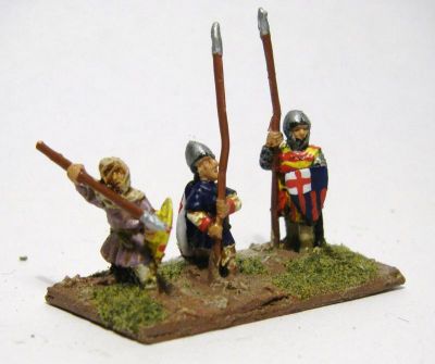 Catalan Almughavars 
Alain Touller Spearmen and Almughavars painted as armoured Catalans, some with FCB shields for added Catalan authenticity. Almughavar figure nearest camera
Keywords: Catalan medfoot