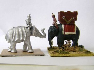 Unpainted Xyston carthaginian elephant with Essex Elephant 
New castings from Xyston - review samples, photographed as received. Here compared with an Essex figures - this "carthaginian" elephant is slightly smaller, which is probably a good thing. The two halves of the Xyston smellie will need some filler and the head only has a shallow lug to fasten it to the body
Keywords: LCART ECART carthage numidian