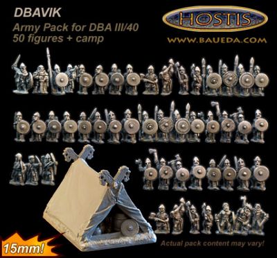 Vikings from Baueda
The former 50-Paces range. Photos provided by the manufacturer [url=http://www.baueda.com]Baueda[/url]. Figure codes as per illustration or filename. THis shows the contents of the DBA army pack
Keywords: Viking