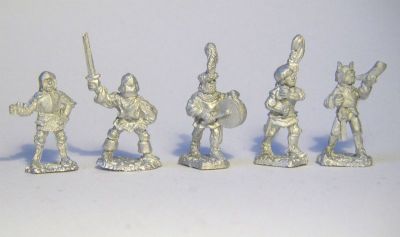 Swiss Officers and Generals
New castings from [url=http://www.donnington-mins.co.uk/]Donnington[/url], to be released at Salue 2009. These have a different sculptor to the "old" Donnington figures and will be sold under a different brand. Some are cast without weapons and can be drilled out to take a wire spear or halberd (a selection of weapons will be supplied with these figures)
Keywords: Swiss