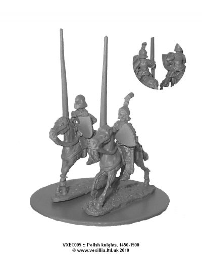 Later Polish Knights 1450-1500
Polish range from [url=http://www.vexillia.ltd.uk/]Vexillia.co.uk[/url], sculpted by Clibinarium to match both Mirliton and Essex Miniatures. Polish knights, 1450-1500. 
Lance upright, shield, trotting horse.  Pictures used with permission of the manufacturer
(2 variants).
Keywords: LPolish C15